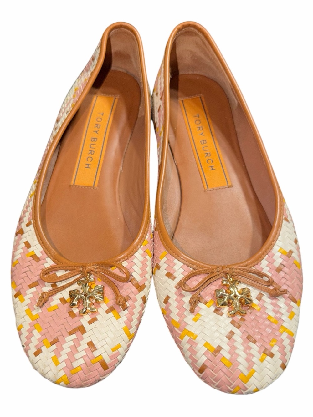 Tory Burch Pink Multi Woven Leather Bow Flats with Gold Logo Charm